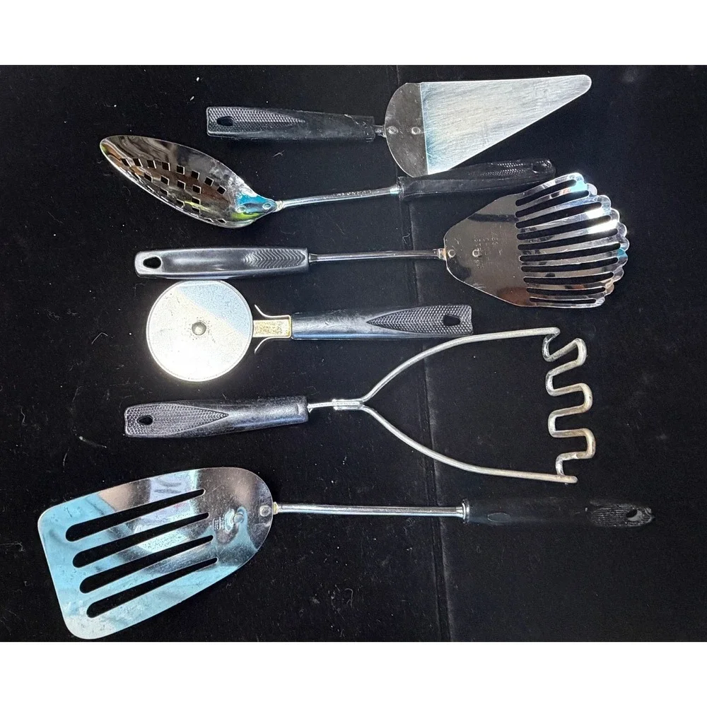 Vintage Ekco USA Kitchen Utensil Set 6pc Chromium Plated‎ Black Handle MCM